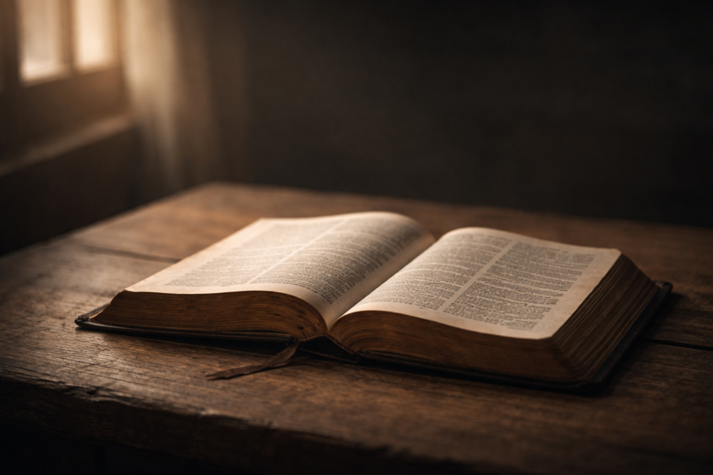 Bíblia antiga aberta sobre uma mesa de madeira rústica, iluminada por luz suave, simbolizando fé madura, reflexão teológica e consciência cristã.