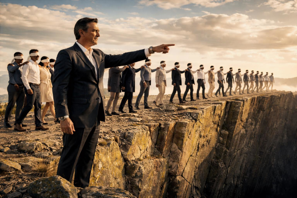 Líder conduz pessoas vendadas em direção ao abismo, simbolizando obediência sem discernimento e perda da consciência crítica.