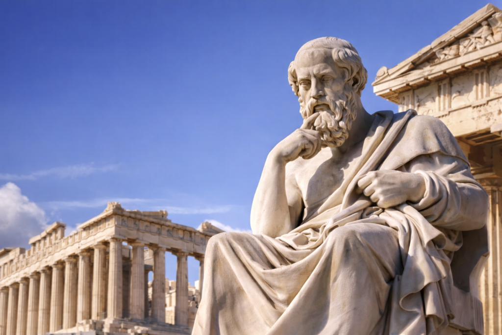 Estátua de filósofo grego representando reflexão, pensamento crítico e filosofia clássica