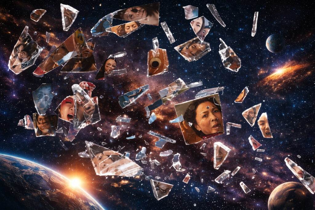 Fragmentos de rostos humanos refletidos em espelhos quebrados flutuando no espaço, simbolizando múltiplas percepções da realidade em um universo de narrativas.