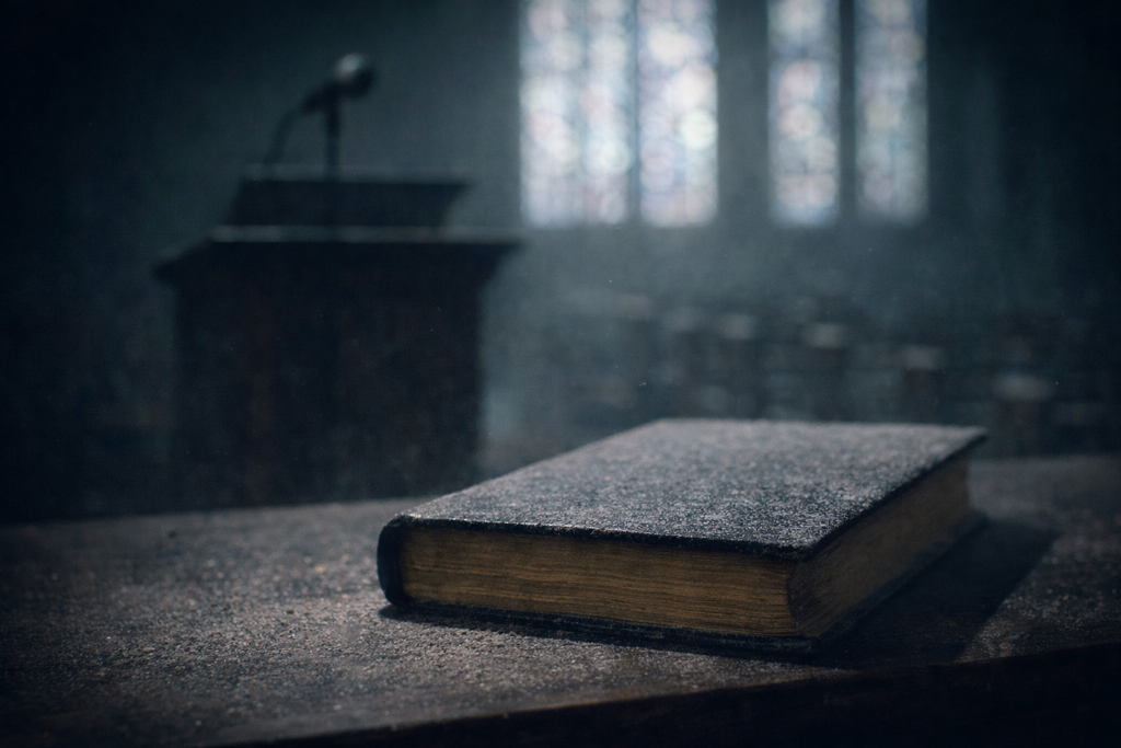Bíblia fechada empoeirada sobre uma mesa, com púlpito ao fundo desfocado, simbolizando cristãos que frequentam igrejas sem ler as Escrituras