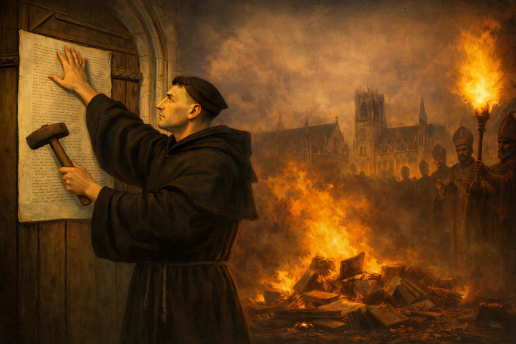 Martinho Lutero fixando as teses na porta da igreja, símbolo da Reforma Protestante e da liberdade de consciência cristã.