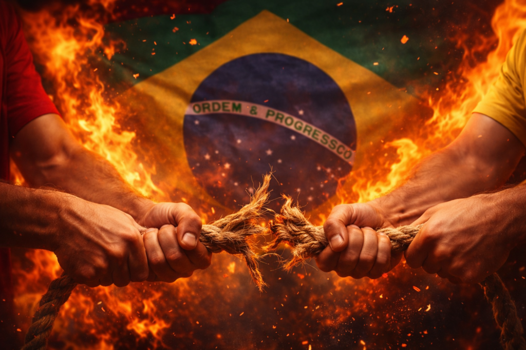 Mãos puxando uma corda em direções opostas, simbolizando polarização ideológica e conflito social.