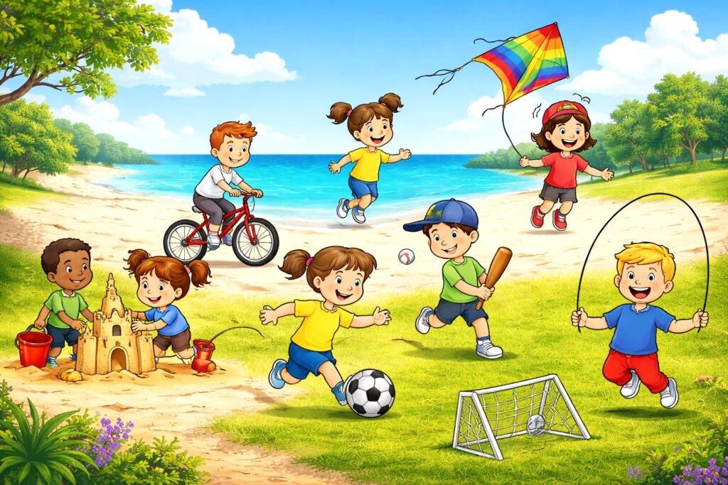 Crianças brincando ao ar livre em um dia de céu claro, soltando pipa, jogando futebol e construindo castelos de areia, cena que remete às memórias afetivas e ao cheirinho da infância.