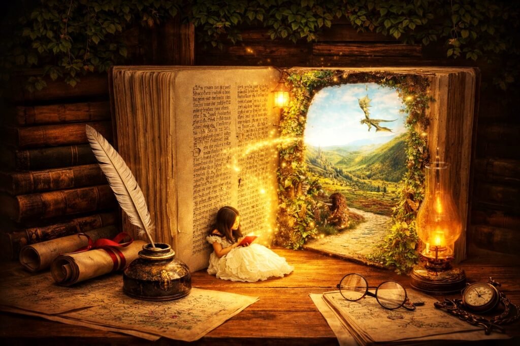 Livro antigo sendo escrito com pena, representando a construção de narrativas, fé, conhecimento e consciência