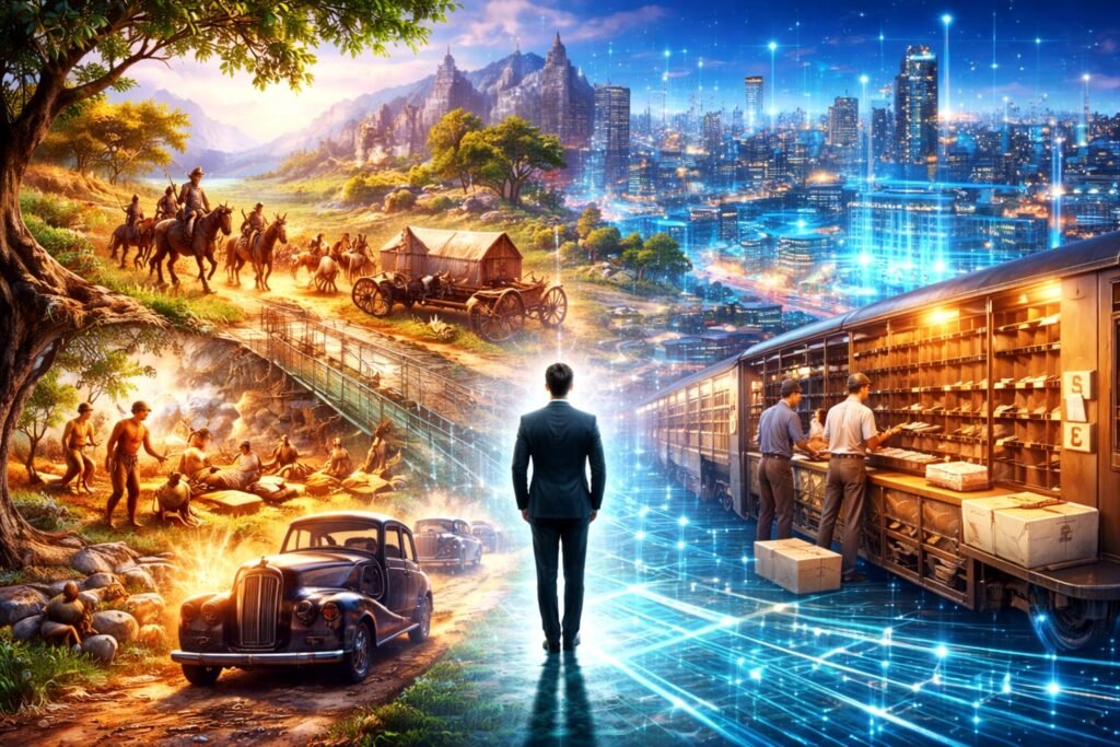 Ilustração da evolução humana mostrando da Idade da Pedra ao mundo moderno tecnológico, com viagens, correios, indústria e adaptação do ser humano às mudanças