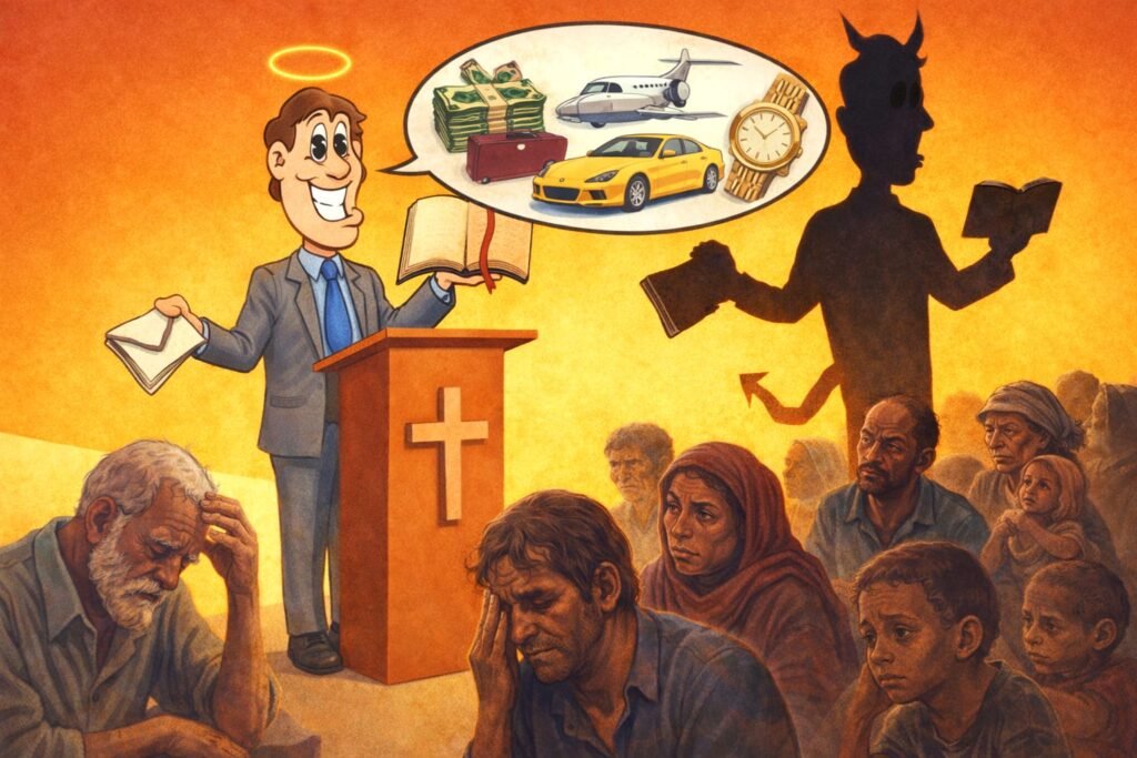 Ilustração de um pastor pregando prosperidade com símbolos de riqueza enquanto pessoas pobres o ouvem com semblante sofrido, representando o falso evangelho e a indústria da fé