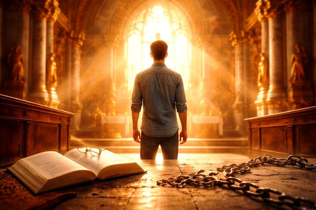 Pessoa em um espaço iluminado dentro de uma igreja, um livro aberto, simbolizando fé cristã, conhecimento e consciência espiritual