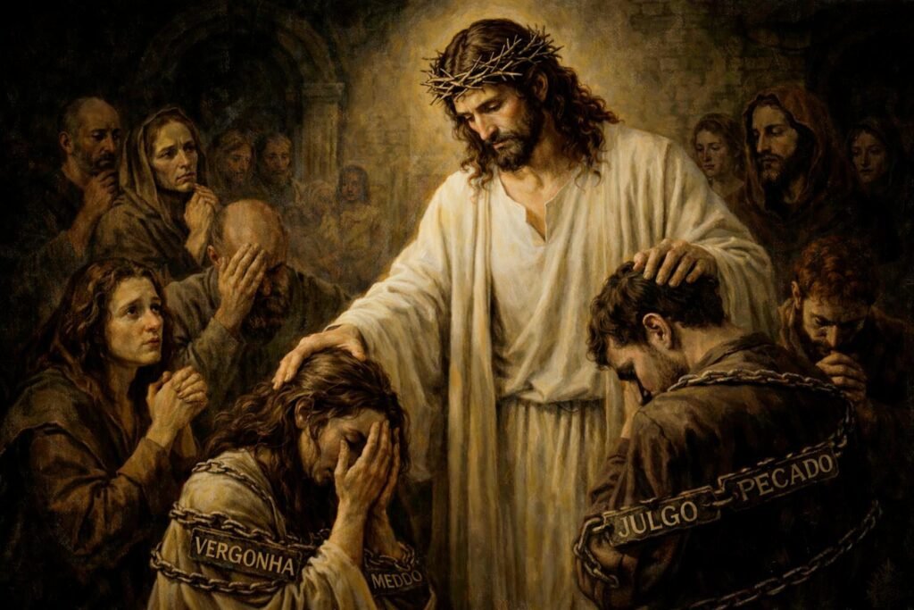 Jesus com coroa de espinhos acolhendo pecadores fora do sistema religioso institucional