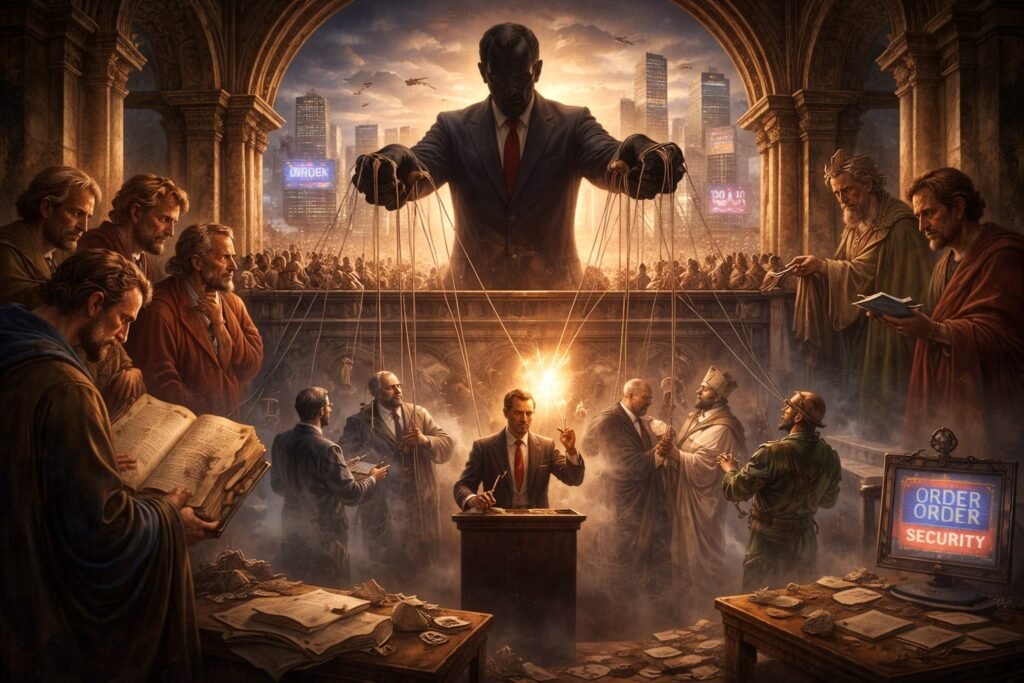 Arte conceitual mostra figuras do Renascimento e líderes modernos sendo manipulados por fios em uma cidade contemporânea, simbolizando como a busca pelo poder transforma a imoralidade em método político