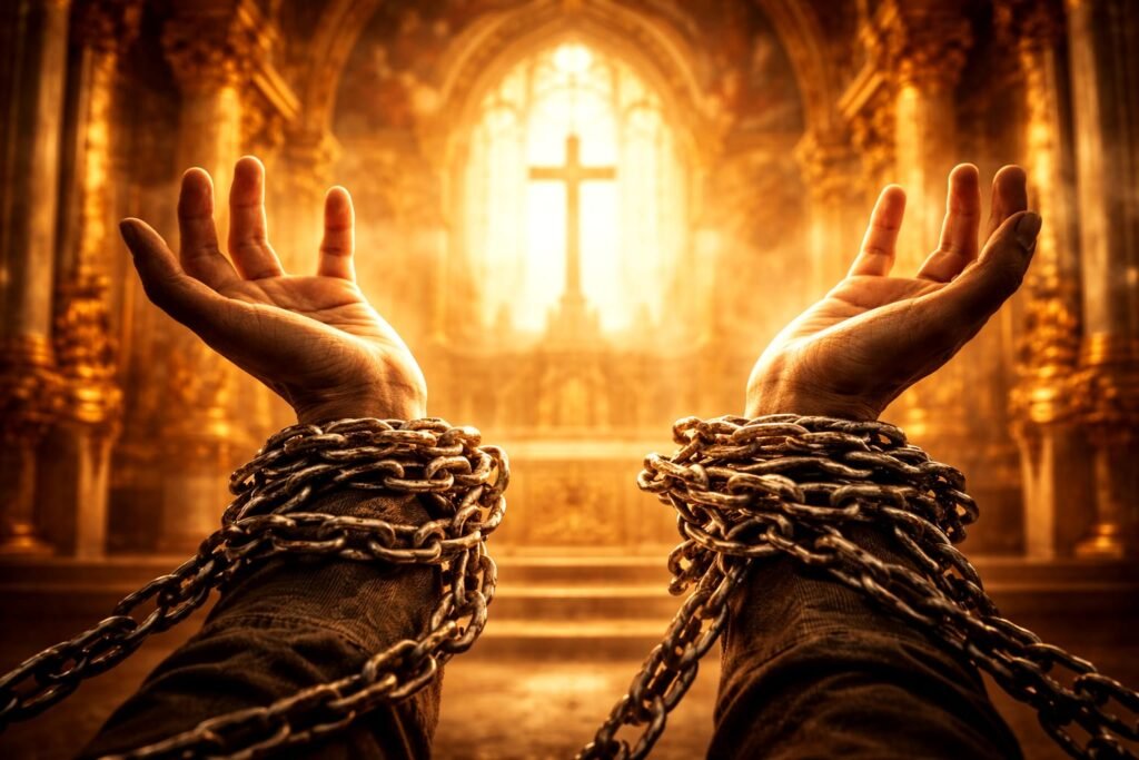 Mãos acorrentadas diante da cruz dentro de uma igreja, simbolizando quando a religião deixa de libertar a consciência