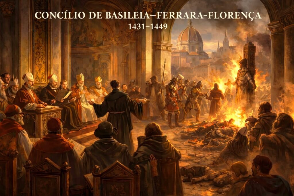 Concílio de Basileia, Ferrara e Florença, realizado entre 1431 e 1449, mostrando o debate interno da Igreja medieval enquanto a fé era tensionada entre Escritura, poder institucional e perseguições religiosas.