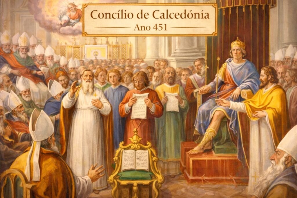 Representação artística do Concílio de Calcedônia em 451 d.C., com bispos reunidos, leitura de documentos conciliares e definição da dupla natureza de Cristo