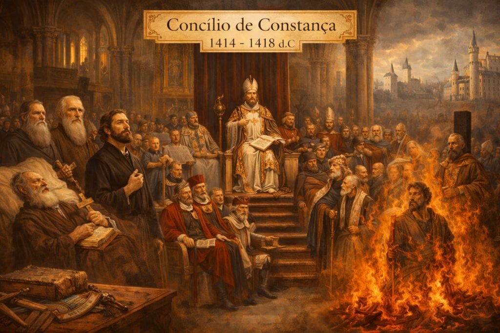 Imagem histórica do Concílio de Constança (1414–1418), reunindo clero em assembleia, cenas de julgamento e execução de Jan Hus e Jerônimo de Praga, repressão institucional e símbolos do poder eclesiástico em contraste com a Escritura