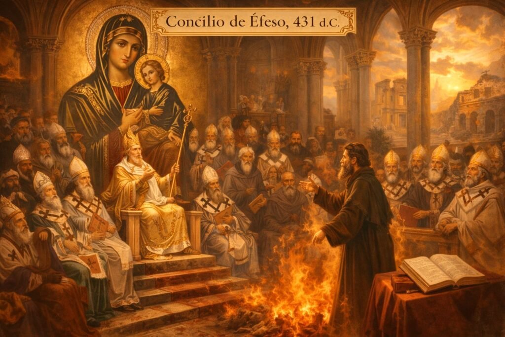 Ilustração do Concílio de Éfeso em 431, com bispos reunidos em assembleia, ícones religiosos ao centro e a representação simbólica do debate que levou à declaração de Maria como Mãe de Deus.