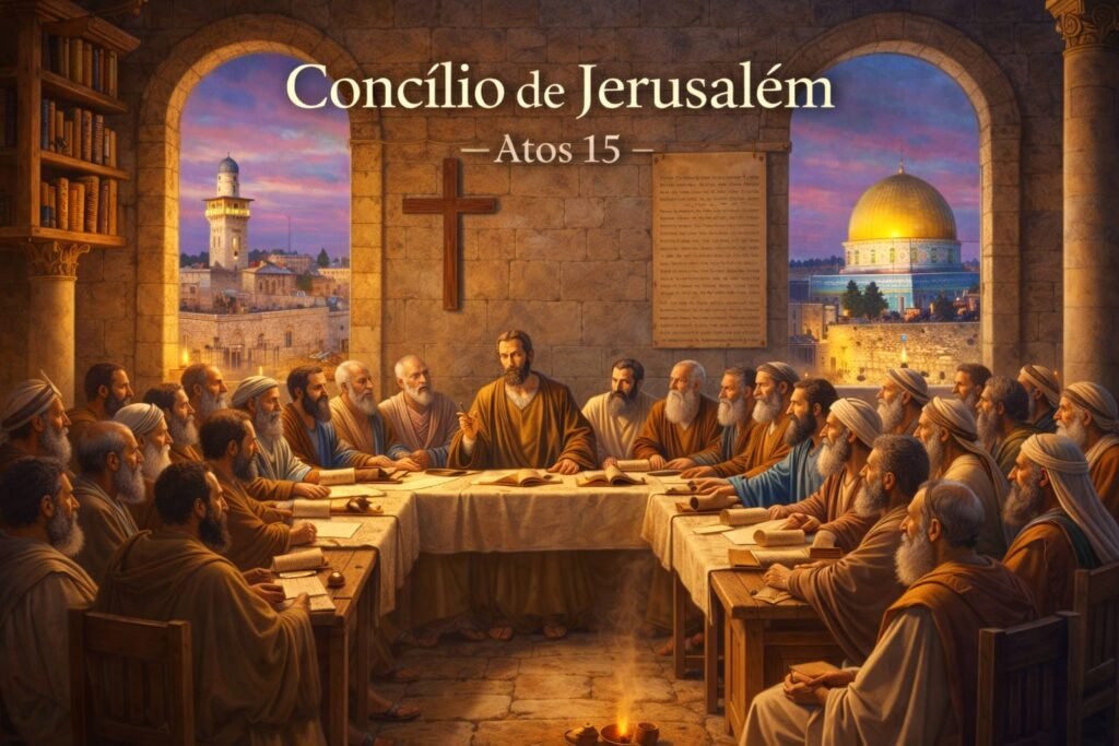 Ilustração do Concílio de Jerusalém descrito em Atos 15, com apóstolos e presbíteros reunidos para decidir sobre a fé cristã entre judeus e gentios
