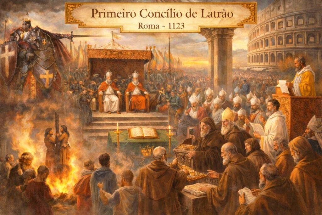 Ilustração do Concílio de Latrão I em 1123 d.C., em Roma, com líderes eclesiásticos reunidos, símbolos religiosos, cenário urbano medieval e referências às Cruzadas, evidenciando a união entre fé e poder