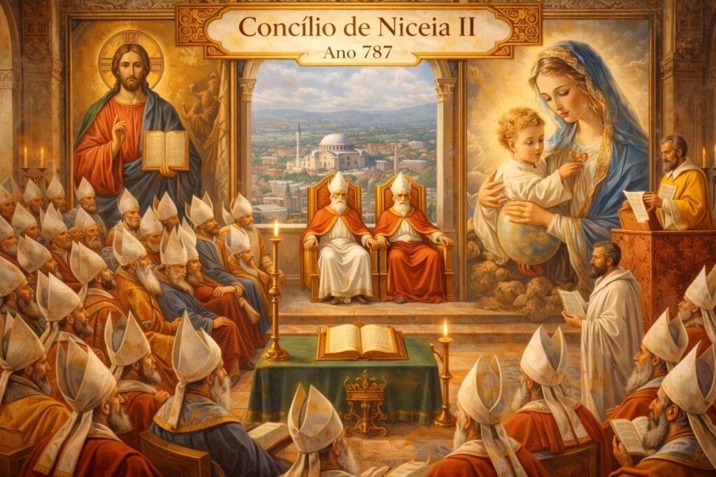 Ilustração do Concílio de Niceia II em 787 d.C., com bispos reunidos, ícones religiosos em destaque e debate sobre o uso de imagens no culto cristão
