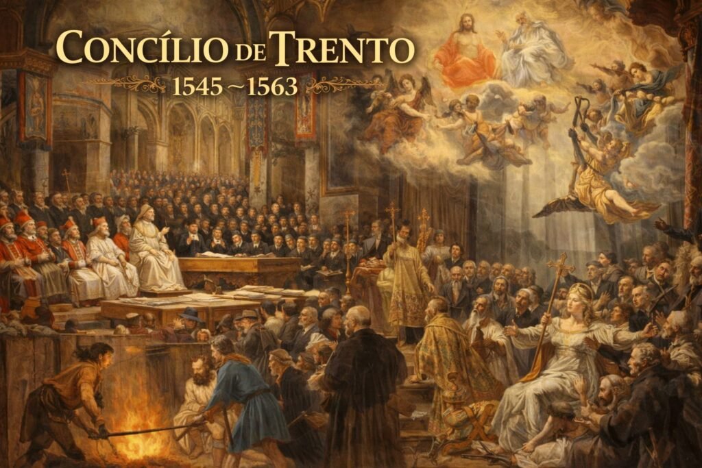 Cena do Concílio de Trento com clérigos reunidos em assembleia, símbolos de poder e repressão religiosa ao fundo, representando a resposta da Igreja Católica à Reforma Protestante entre 1545 e 1563.