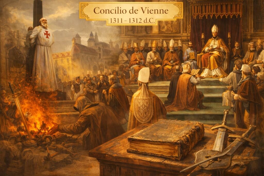 Imagem histórica do Concílio de Vienne em 1311–1312 d.C., reunindo clero em assembleia, cenas de cruzadas e repressão, armas medievais e uma Bíblia antiga fechada e empoeirada, simbolizando o afastamento das Escrituras