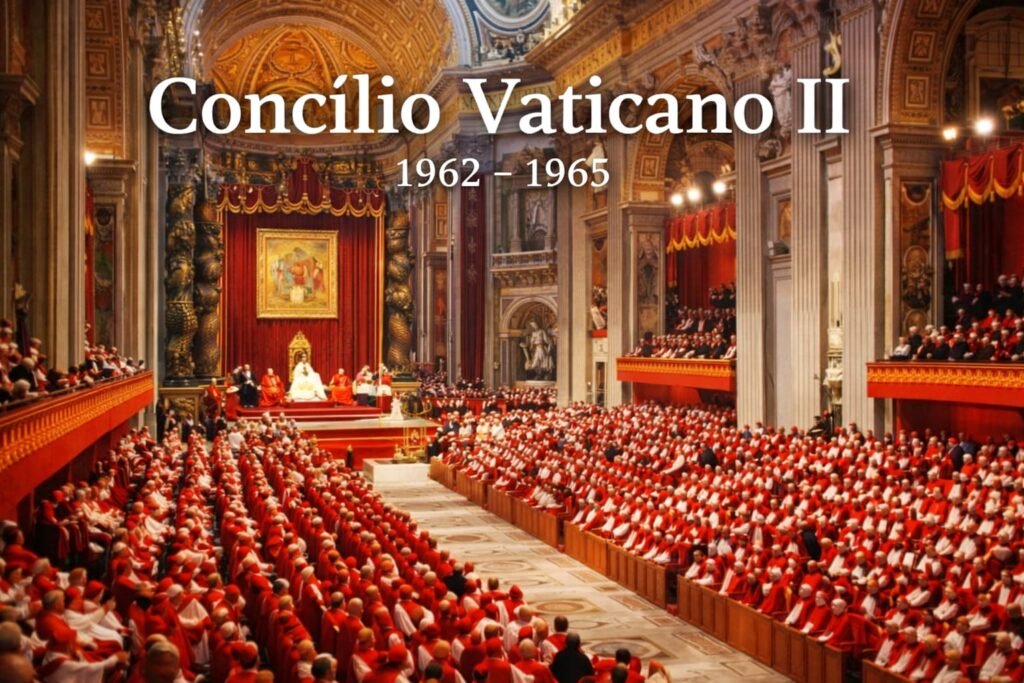 Representação do Concílio Vaticano II realizado entre 1962 e 1965 na Basílica de São Pedro, com bispos reunidos em assembleia discutindo reformas da Igreja Católica no século XX.