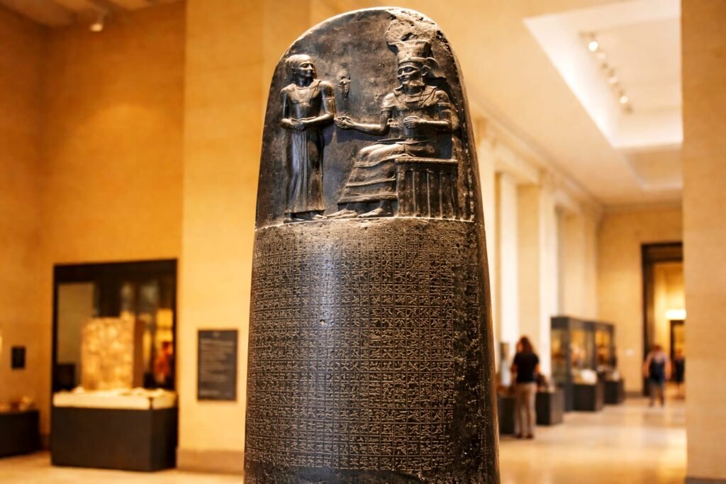 A Estela do Código de Hamurabi é um dos conjuntos de leis mais antigos e bem preservados da história, datado de cerca de 1754 a.C.. Criado pelo rei Hamurabi da Babilónia, este monumento em diorito de 2,25 metros de altura exibe 282 leis cuneiformes baseadas na "Lei de Talião" (olho por olho, dente por dente) e está exposto no Museu do Louvre, Paris. 