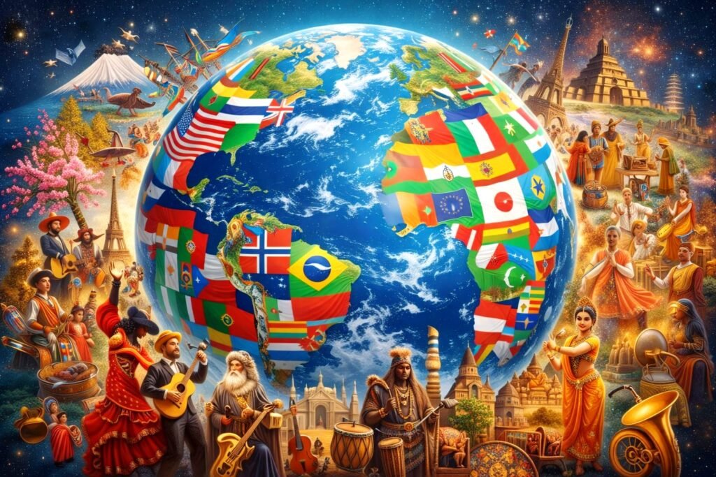 Imagem iluminada do planeta Terra vista do espaço, destacando diferentes países, culturas, bandeiras e expressões humanas representando a diversidade e a união da humanidade