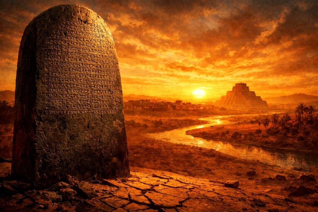 Estela de pedra com inscrições cuneiformes na antiga Mesopotâmia ao pôr do sol, com rios e zigurate ao fundo simbolizando o nascimento das primeiras leis da humanidade