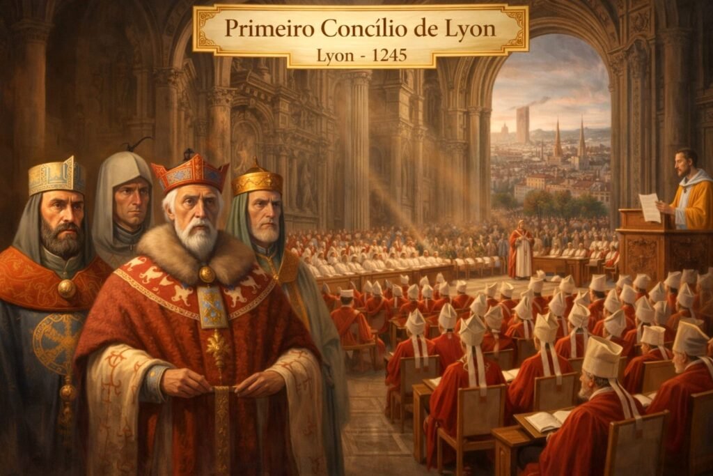Imagem histórica do Primeiro Concílio de Lyon em 1245 d.C., com líderes eclesiásticos reunidos em assembleia solene, interior monumental da catedral, símbolos de poder religioso e vista da cidade de Lyon ao fundo