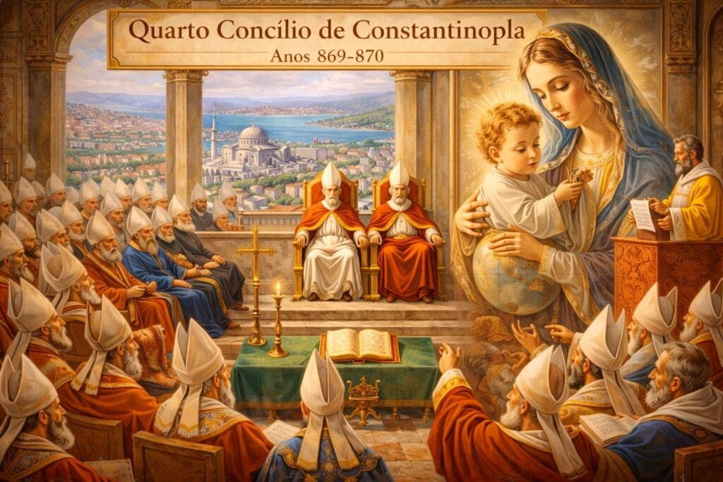 Ilustração do Quarto Concílio de Constantinopla em 869–870 d.C., com bispos reunidos em assembleia, a cidade de Constantinopla ao fundo e a imagem de Maria com o menino Jesus em destaque, simbolizando a tensão entre autoridade institucional e devoção visual