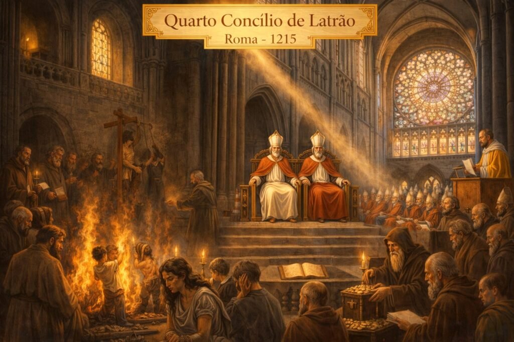 Imagem histórica do Quarto Concílio de Latrão em 1215 d.C., com interior de catedral medieval, clero reunido em assembleia, símbolos de autoridade religiosa e atmosfera de poder institucional da Igreja medieval