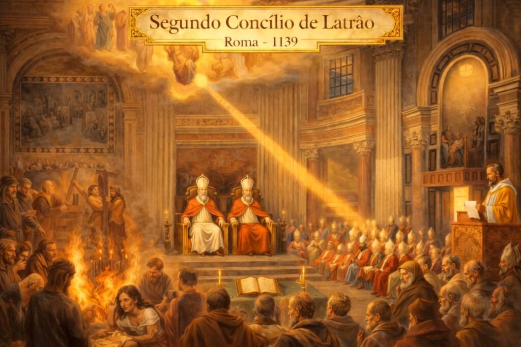 Ilustração do Segundo Concílio de Latrão em 1139 d.C., com clero reunido em assembleia, presença de fogueiras da Inquisição, sofrimento de pessoas pobres e símbolos de coerção religiosa no contexto da Igreja medieval