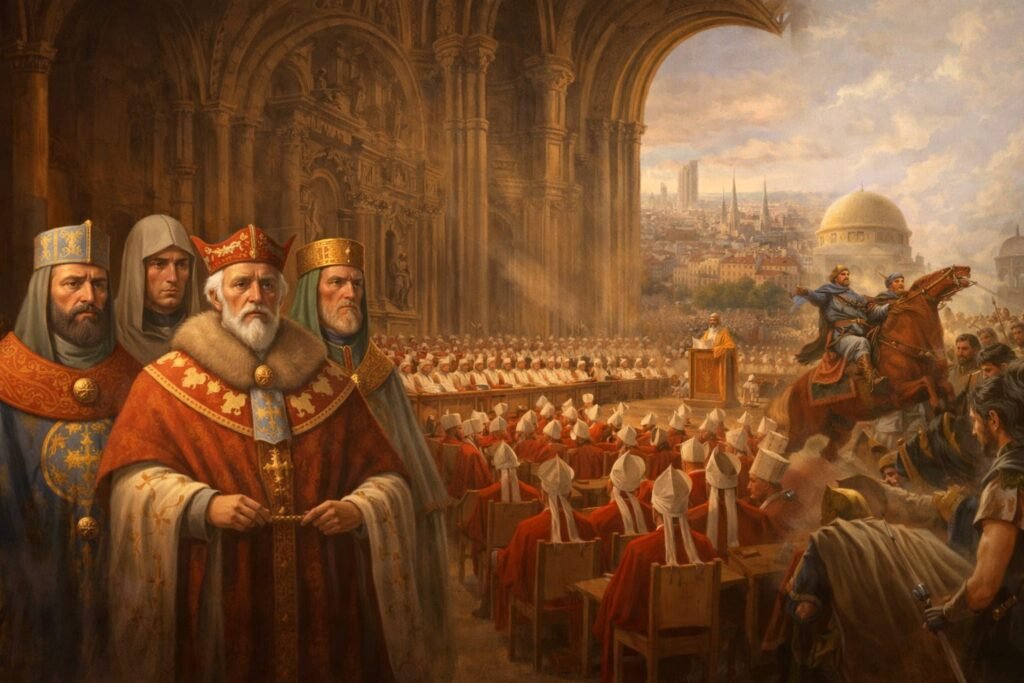 Imagem histórica do Segundo Concílio de Lyon em 1274 d.C., com líderes eclesiásticos reunidos em ambiente conciliar e cenas das Cruzadas ao fundo, simbolizando a união entre poder religioso, decisões institucionais e violência legitimada