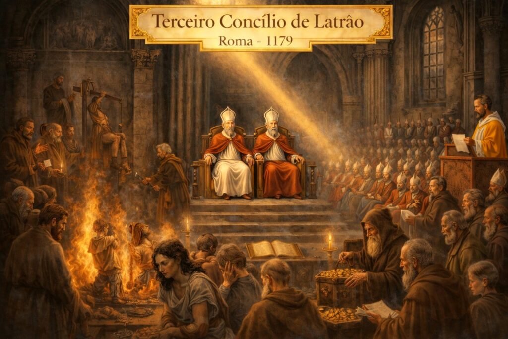 Imagem histórica do Terceiro Concílio de Latrão em 1179 d.C., com clero medieval reunido, presença de pobres sofridos, símbolos de poder religioso e coerção, evidenciando o distanciamento progressivo da Igreja em relação ao Evangelho