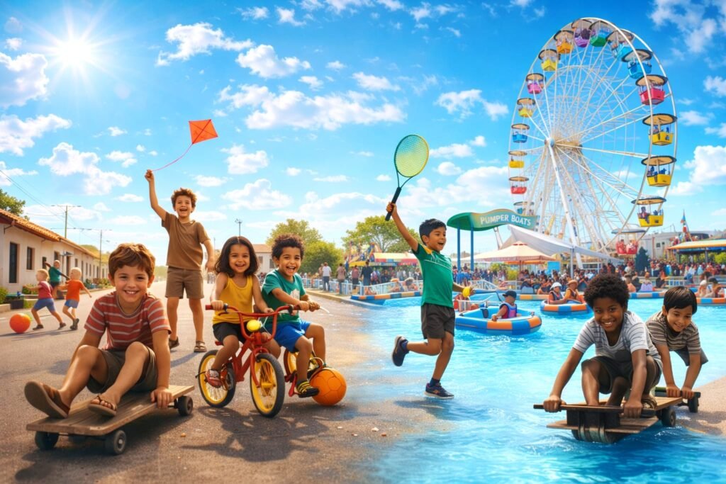 Crianças brincando na rua e em um parque de diversões sob céu azul e sol forte, representando infância, presença, amizade e a alegria de viver o momento