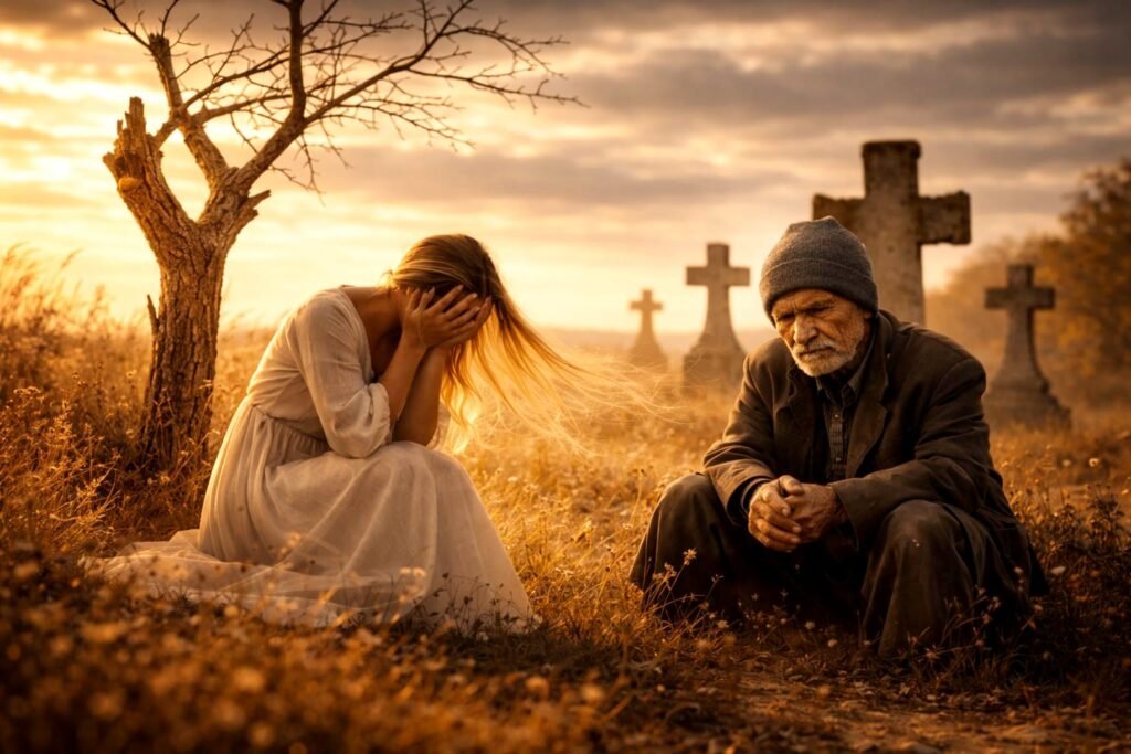 Mulher ajoelhada em campo seco com expressão de sofrimento enquanto um homem idoso está sentado ao fundo próximo a cruzes de cemitério, simbolizando dor emocional e luto