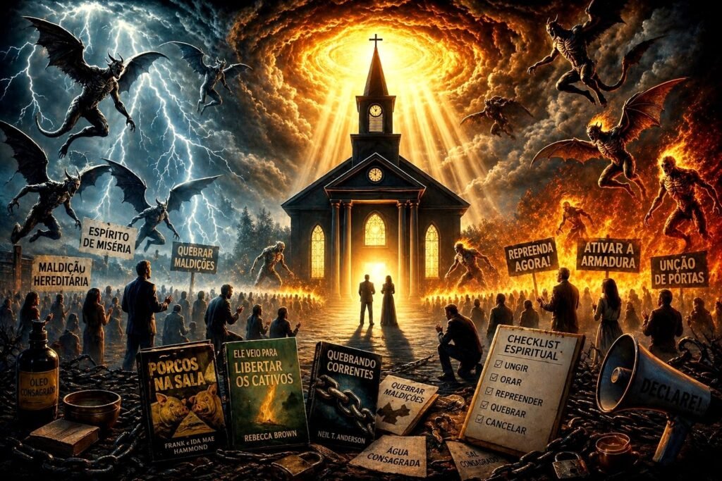 Igreja iluminada ao centro com multidão ao redor enquanto figuras demoníacas e símbolos de práticas religiosas modernas aparecem em contraste, representando a falsa batalha espiritual